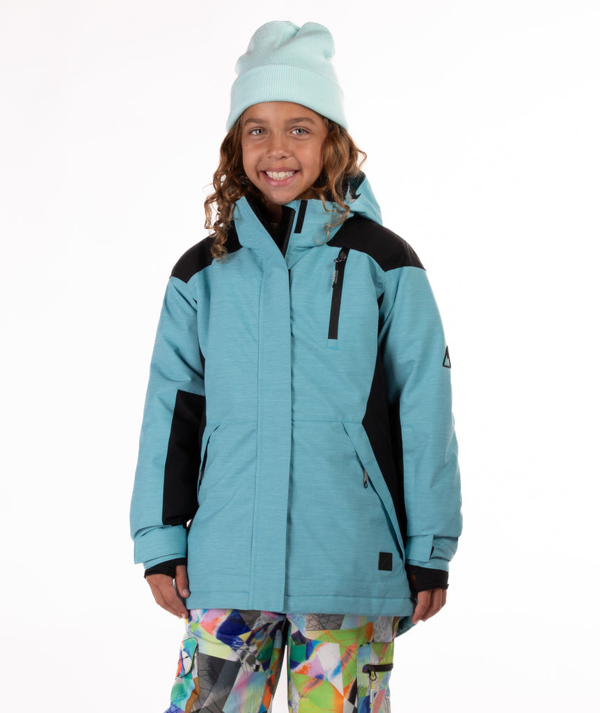 Youth Girl wearing a blue and black jacket on a white background