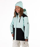 Youth Girl wearing a light blue and black jacket on a white background