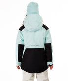 Youth Girl wearing a light blue and black jacket highlighting Boulder Gear brand label on a white background