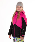 Child wearing a pink and black jacket with contrast zippers on a white background