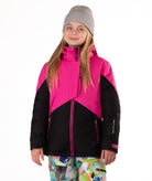 Child wearing a pink and black jacket with contrast zippers on a white background