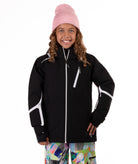 Youth girl wearing a black jacket with white accents on a white background