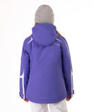 Youth girl wearing a purple jacket with white accents on a white background