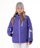 Youth girl wearing a purple jacket with white accents on a white background
