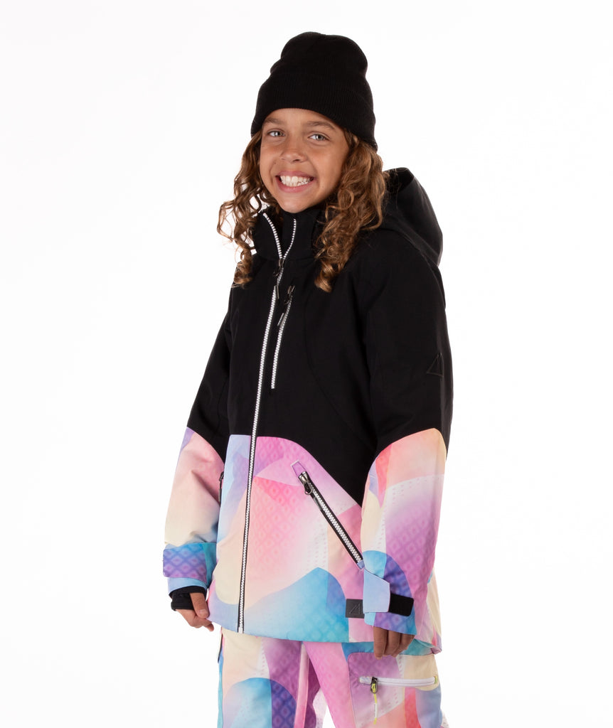 Person wearing a colorful patterned on the bottom of the jacket  on a white background