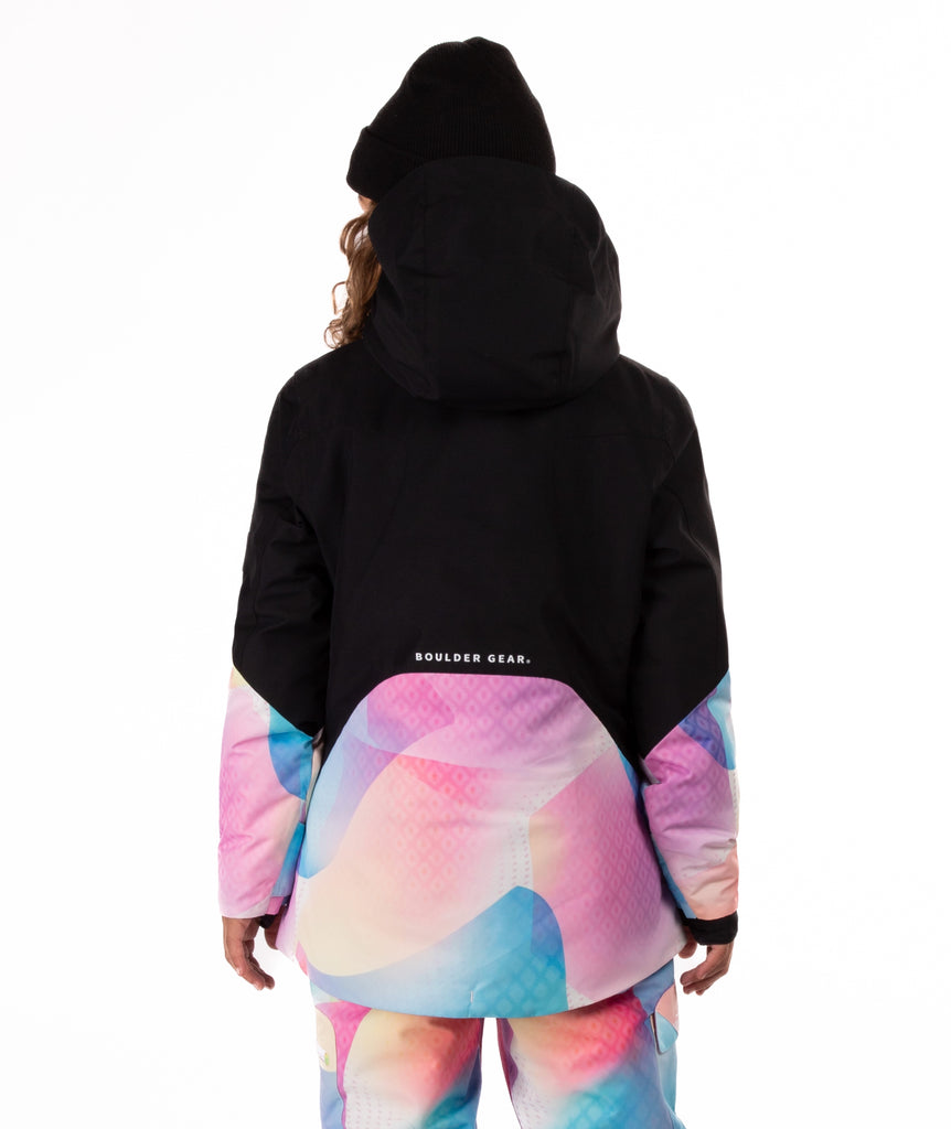 Person wearing a colorful patterned on the bottom of the jacket  on a white background