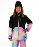 Person wearing a colorful patterned on the bottom of the jacket  on a white background