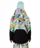 Person wearing a colorful patterned jacket  on a white background