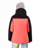 A person shown from the back wearing a color-blocked hooded jacket with a black hood and sleeves and a coral-pink body, paired with a gray beanie and tie-dye pants, against a plain white background.