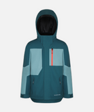 a youth jacket with two tones of teal color blocking and an orange zipper and a hood on a white background