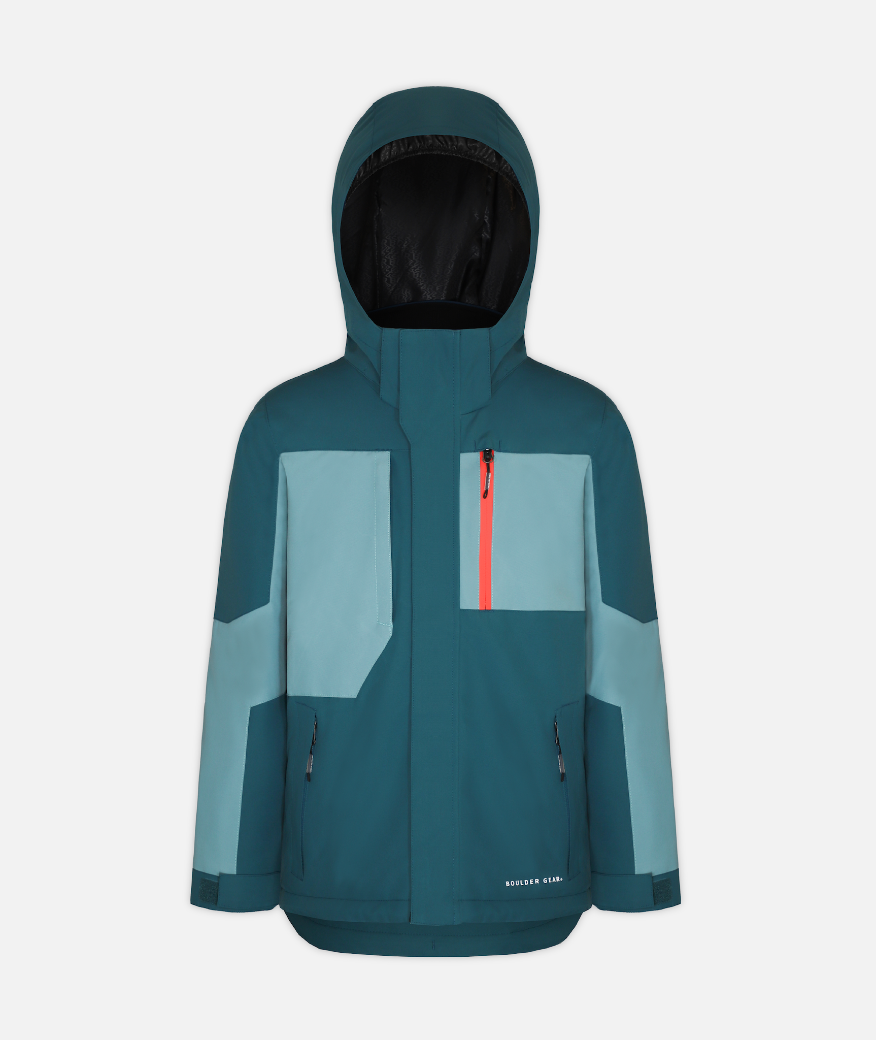 a youth jacket with two tones of teal color blocking and an orange zipper and a hood on a white background