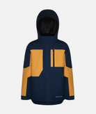 a youth jacket with navy and yellow color blocking and a hood on a white background