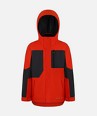 a youth jacket with black and red color blocking and a hood on a white background