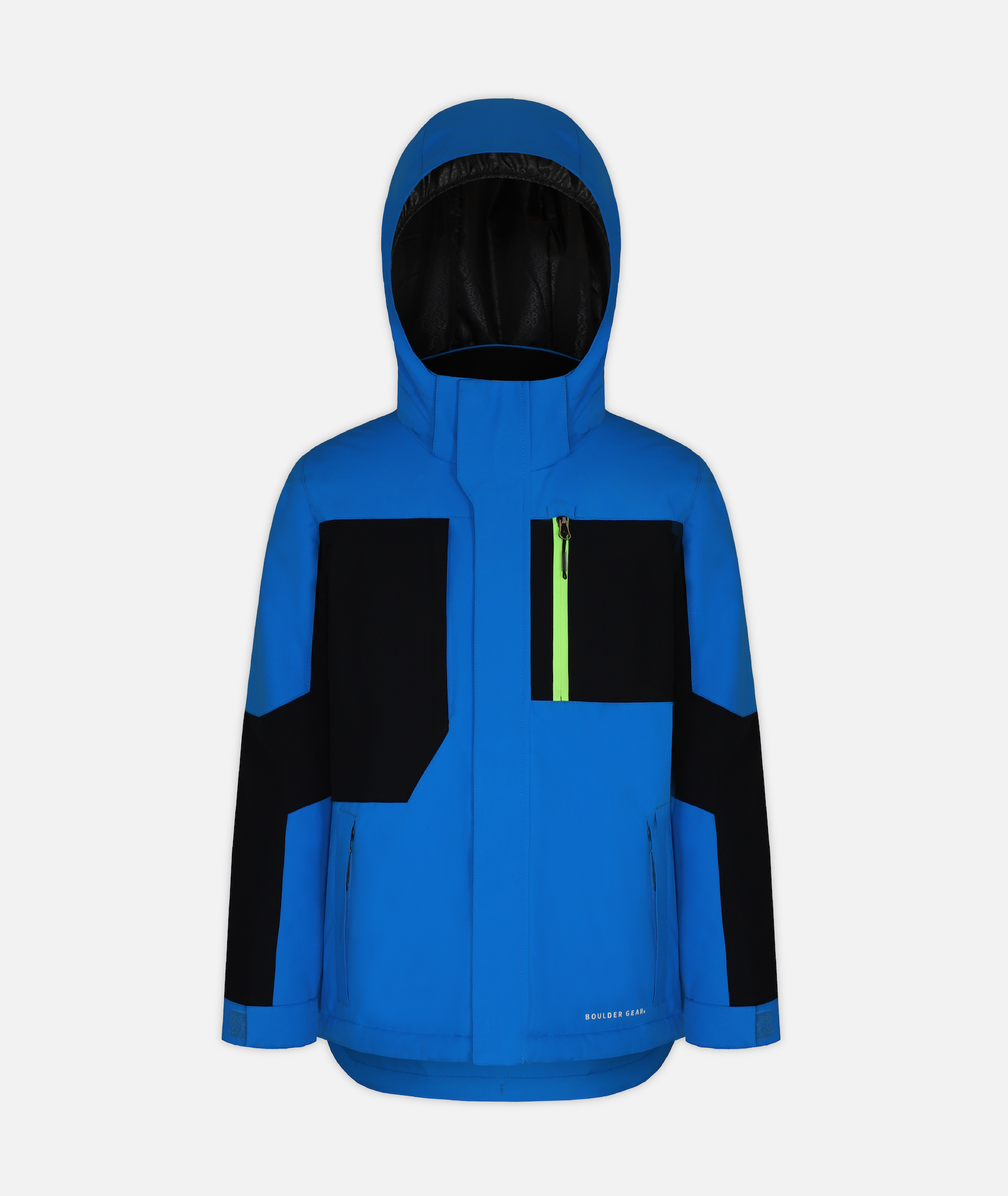 a youth jacket with black and blue color blocking and a green zipper and a hood on a white background