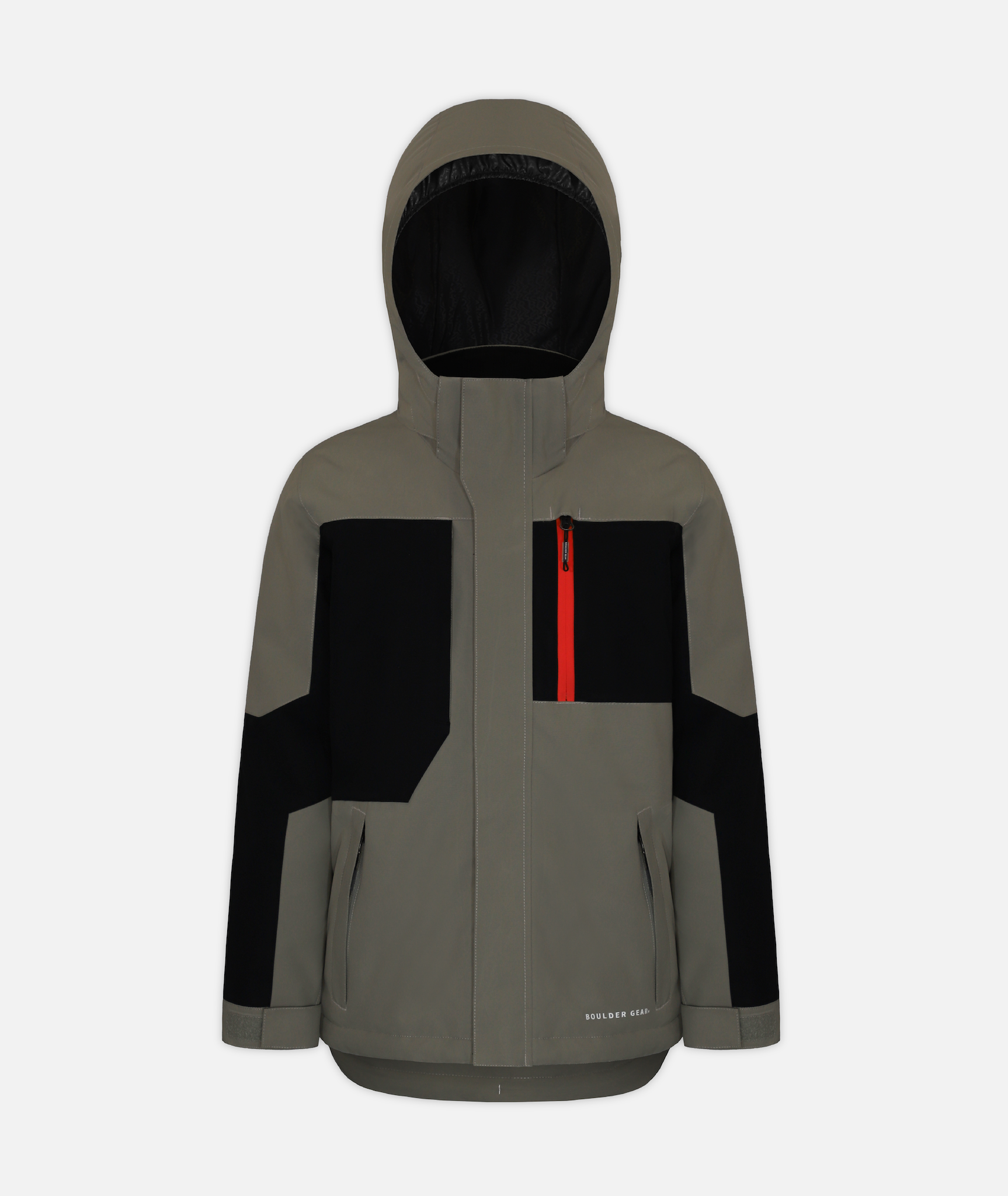 a youth jacket with beige and black color blocking and an orange zipper and a hood on a white background