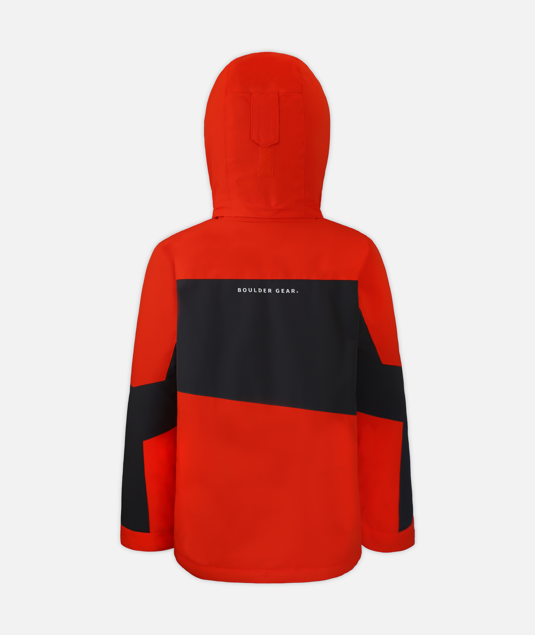 back of a youth jacket with black and red color blocking and a hood on a white background