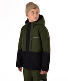 Youth Boy wearing a green and black jacket with a brand logo on a white background