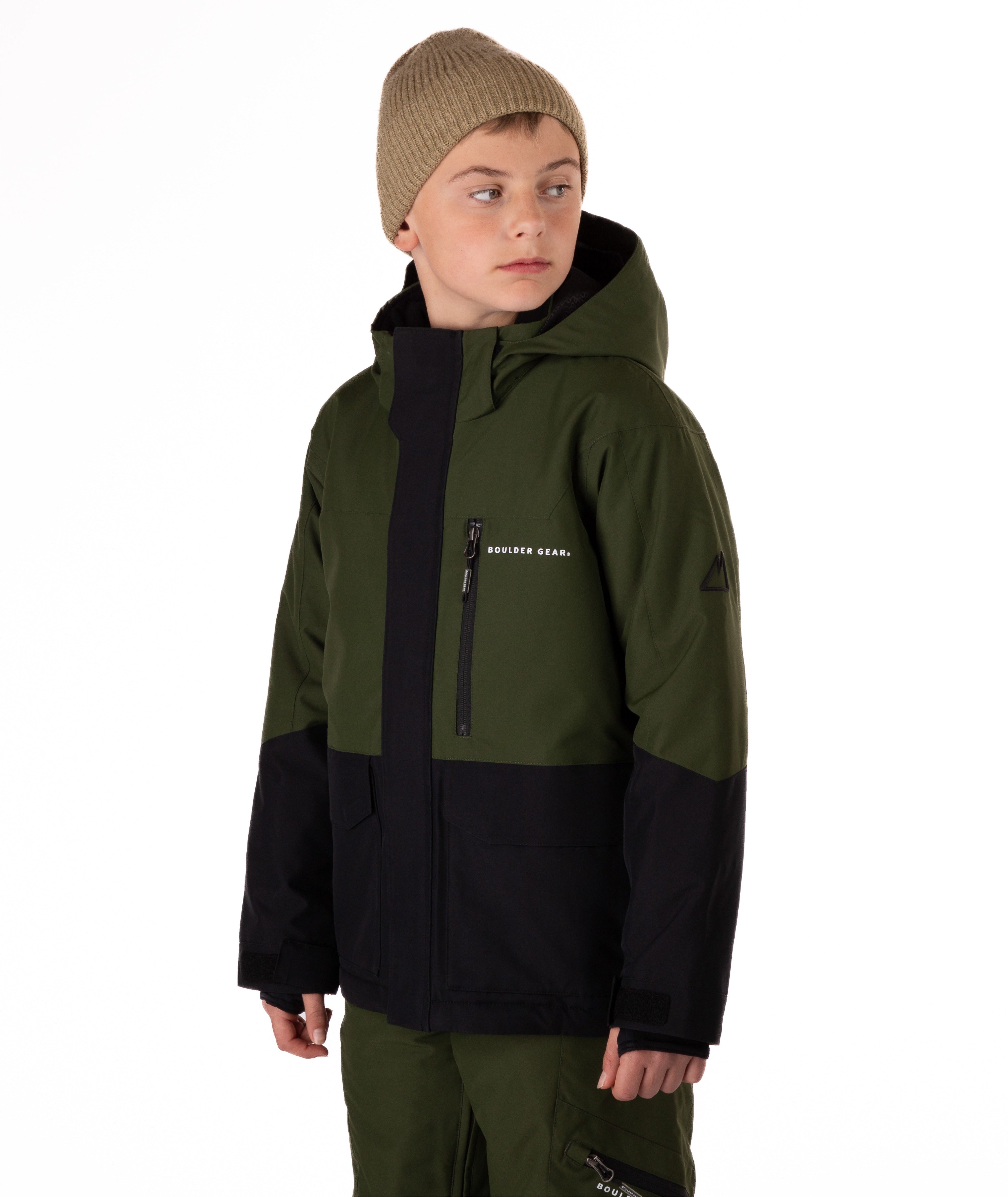 Youth Boy wearing a green and black jacket with a brand logo on a white background