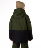 Youth Boy wearing a green and black jacket with a brand logo on a white background