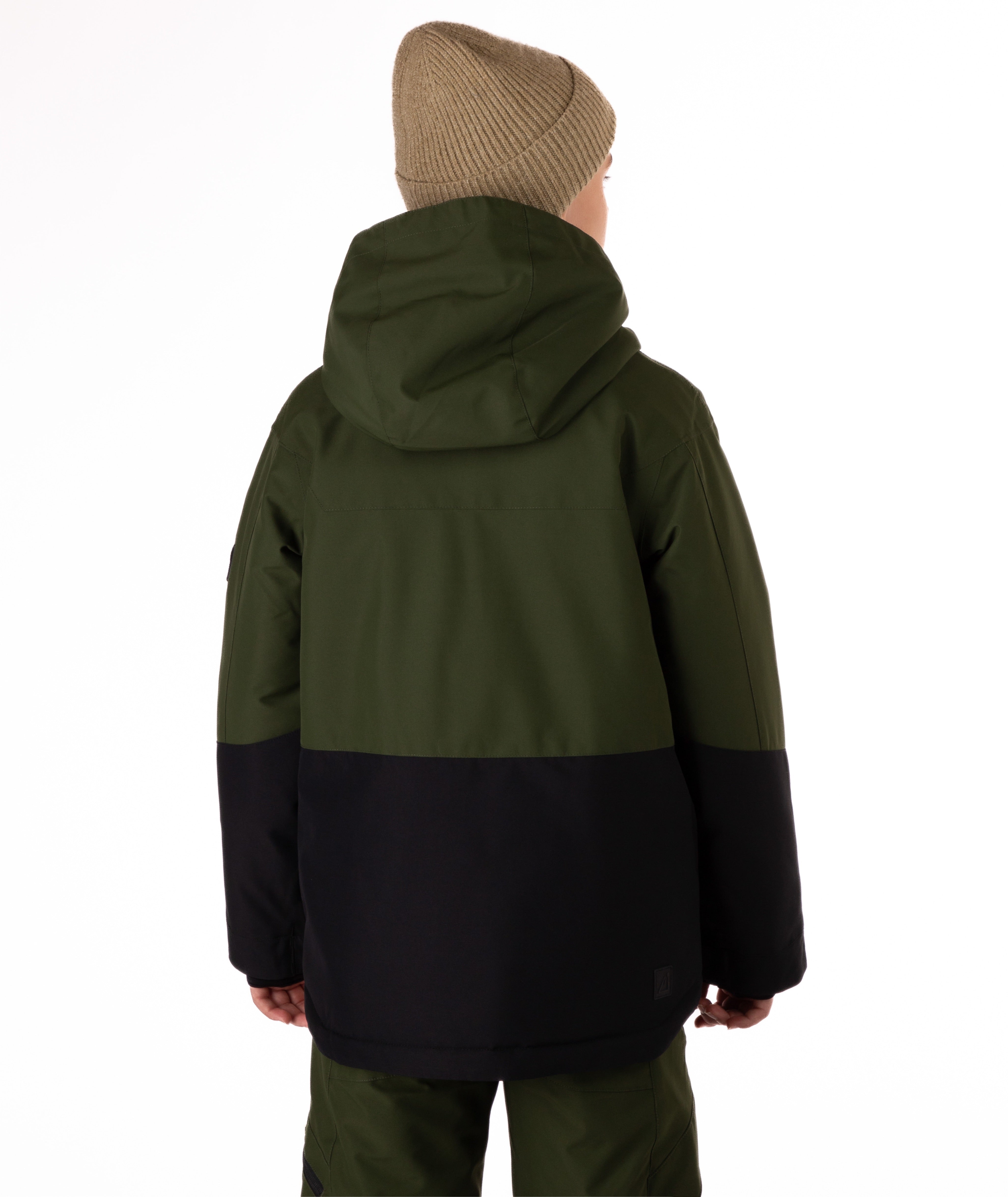 Youth Boy wearing a green and black jacket with a brand logo on a white background