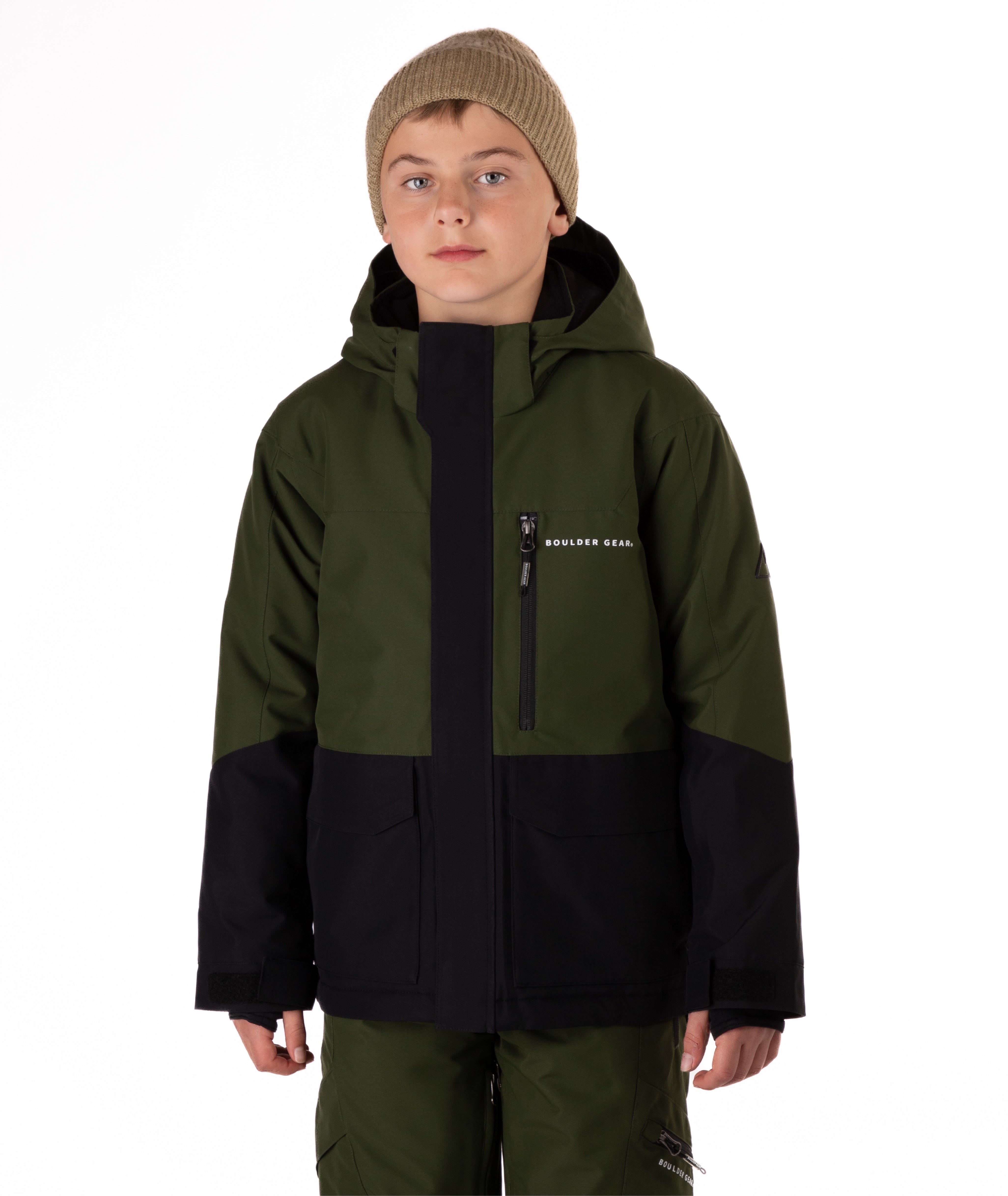 Youth Boy wearing a green and black jacket with a brand logo on a white background