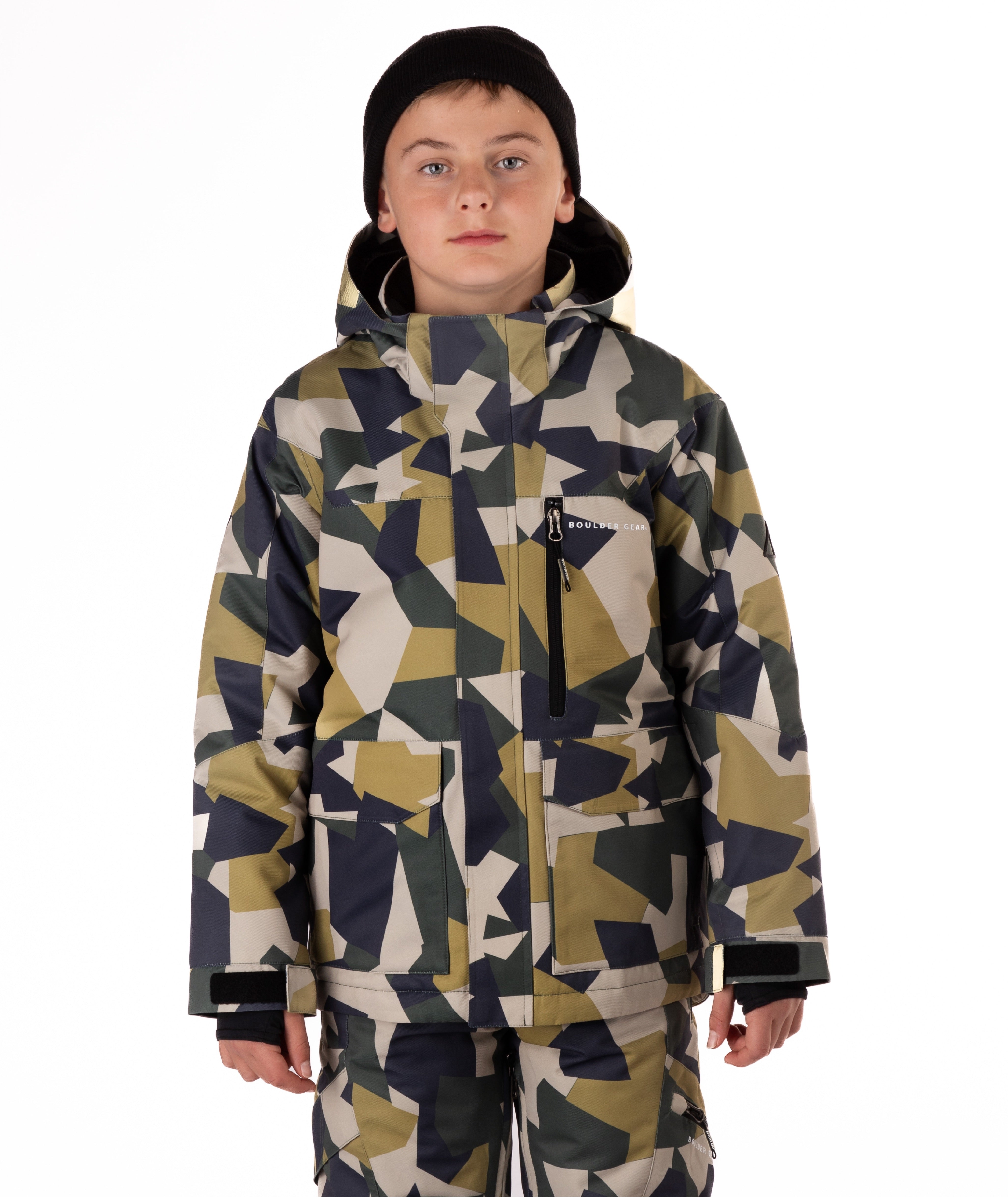 Youth Boy wearing a camouflage-patterned winter jacket on a white background