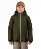 Youth boy wearing a olive green jacket with white zippers and a Boulder Gear brand logo on a white background