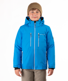 Youth boy wearing a blue jacket with white zippers and a Boulder Gear brand logo on a white background