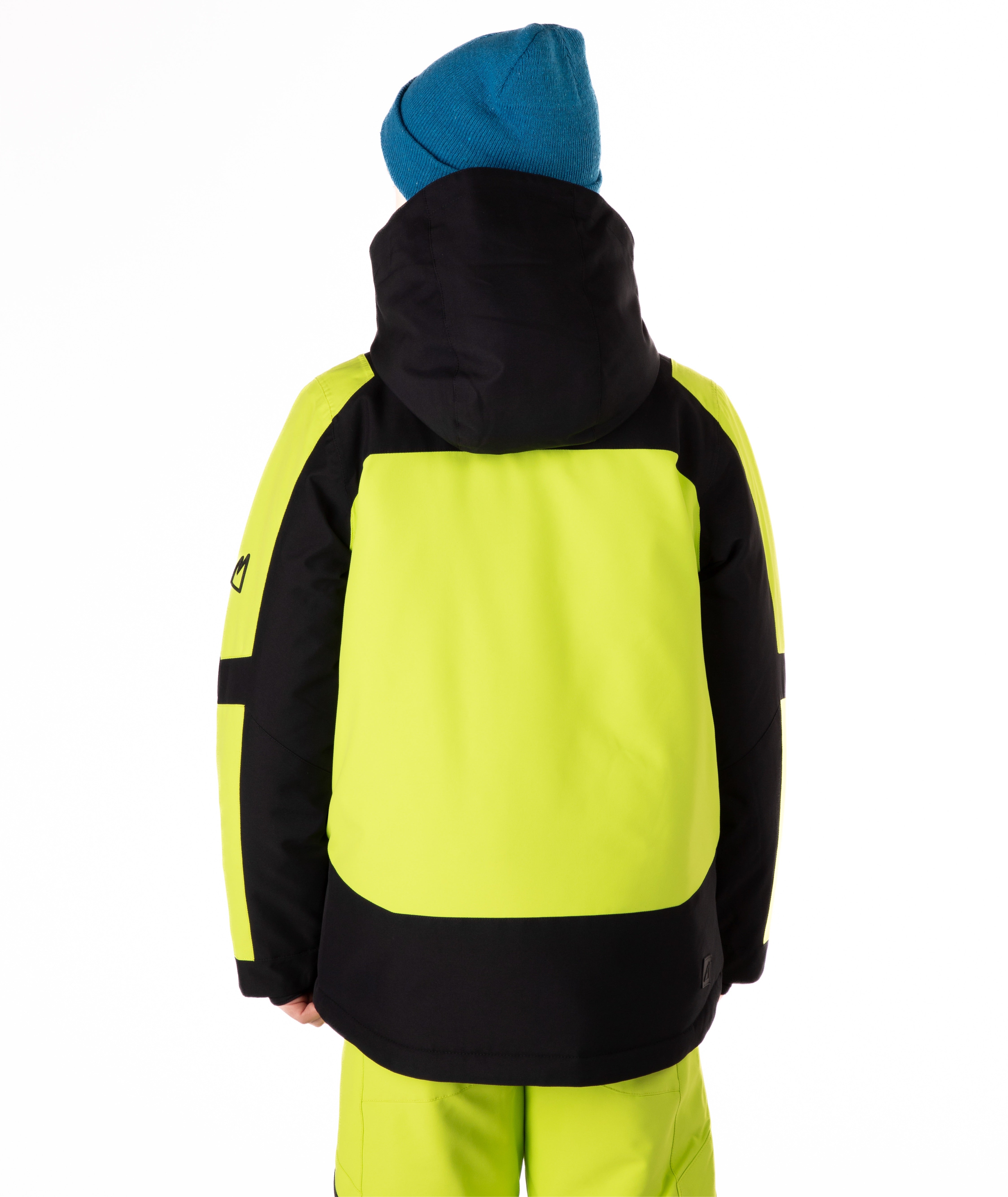 Back view of a child wearing a black and yellow jacket on a white background