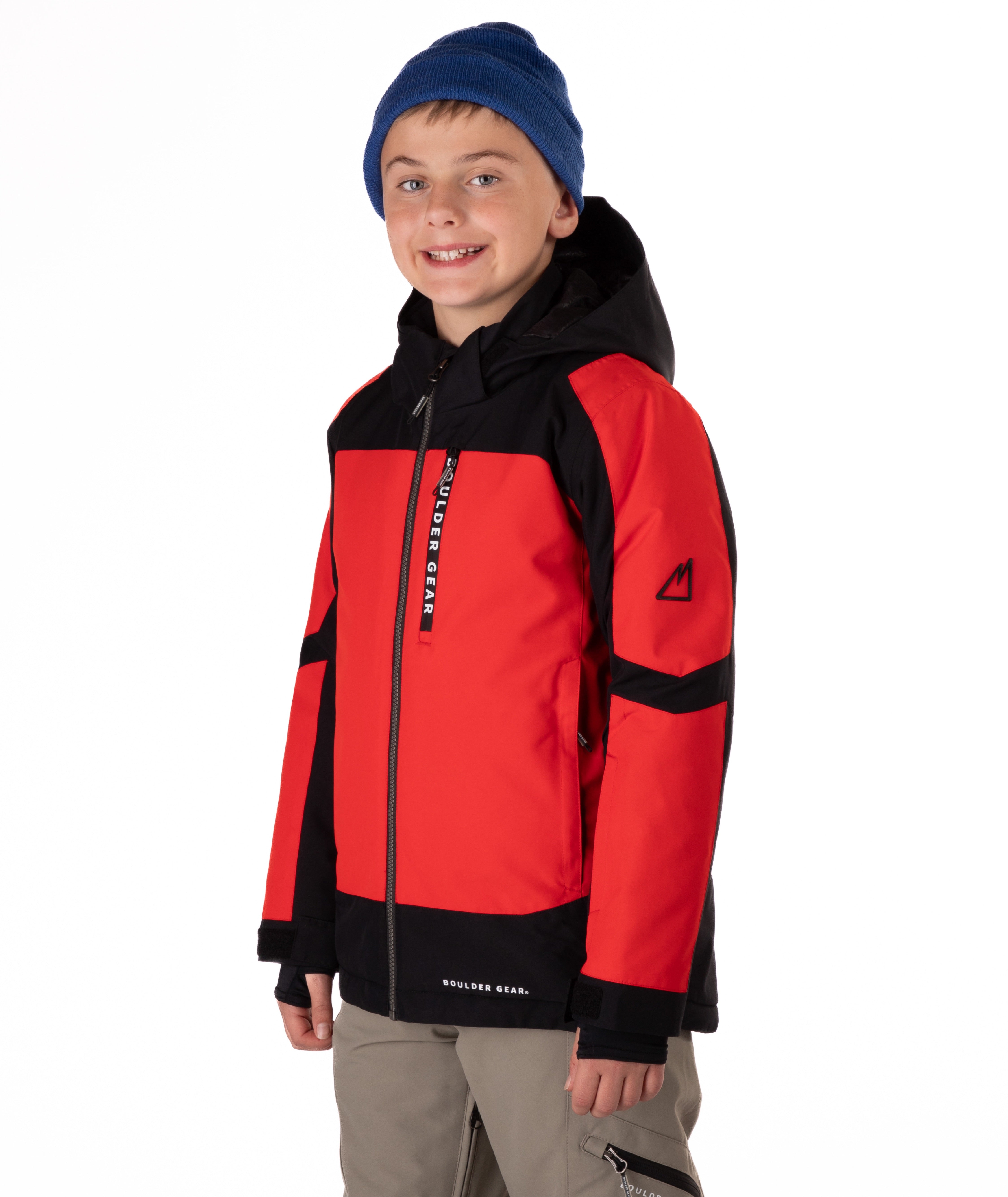 Child wearing a red and black jacket on a white background