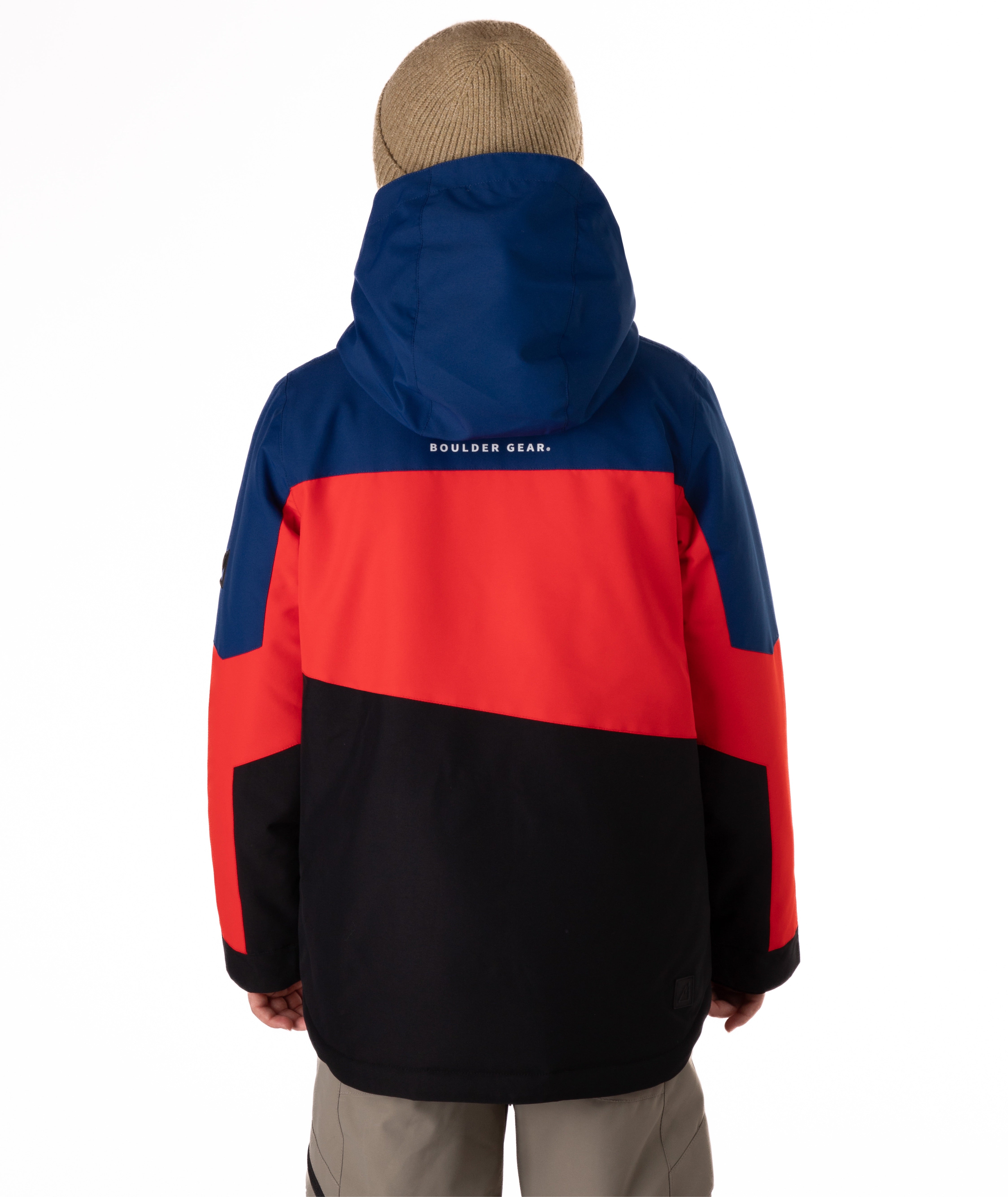 Back view of color-blocked jacket with red, blue, and black sections on a white background