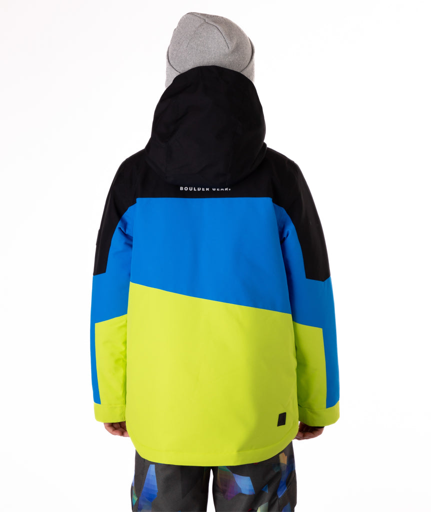 Back view of boy wearing a black, blue, and yellow jacket with Boulder Gear branding on a white background.
