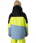 Back view of youth boy wearing a black, yellow, and blue jacket with 'Boulder Gear' branding on a white background.