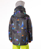 Youth boy wearing a colorful jacket with abstract patterns on a white background