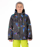 Youth boy wearing a colorful jacket with abstract patterns on a white background