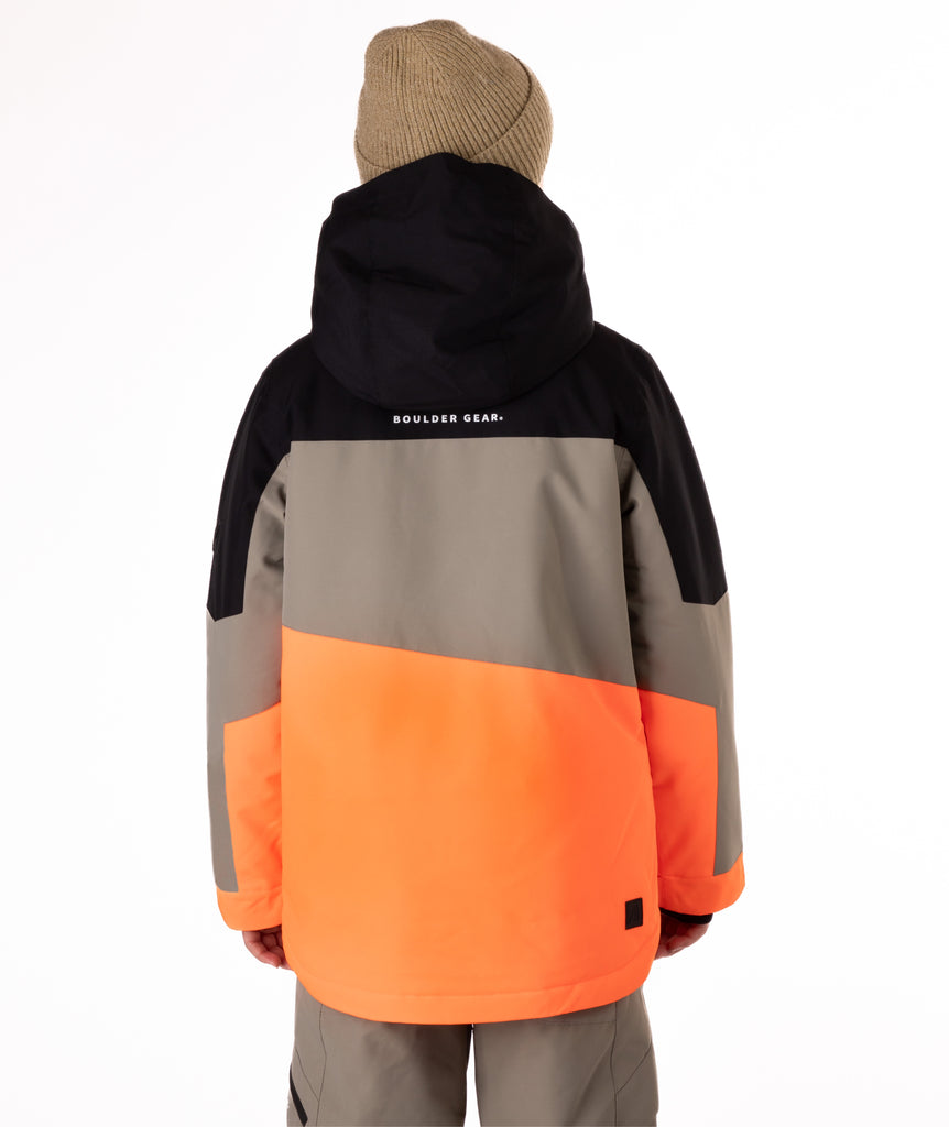 Color-blocked jacket with black, gray, and orange sections on a white background