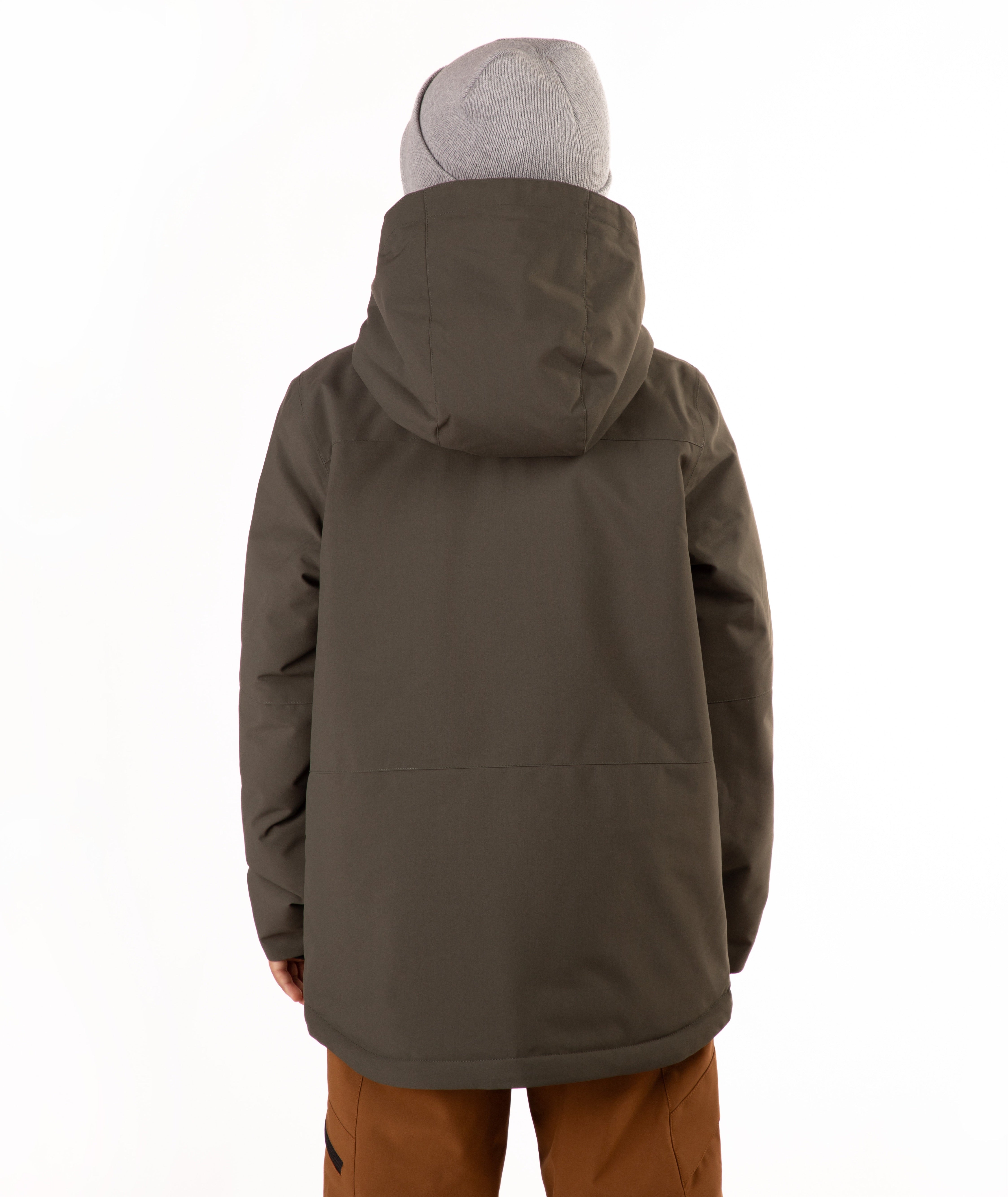 A child wearing a dark olive green hooded snowboard jacket, brown pants, and a gray beanie, standing against a plain white background.