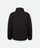 back of a black puffer jacket on a white background