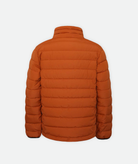 back of a youth orange puffy jacket with a zipper and hand pockets on a white background