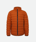 A youth orange puffy jacket with a zipper and hand pockets on a white background