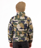 back of youth boy wearing a camouflage puffer jacket on a white background