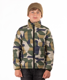 youth boy wearing a camouflage puffer jacket on a white background