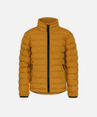 yellow puffer jacket with black accents on a white background