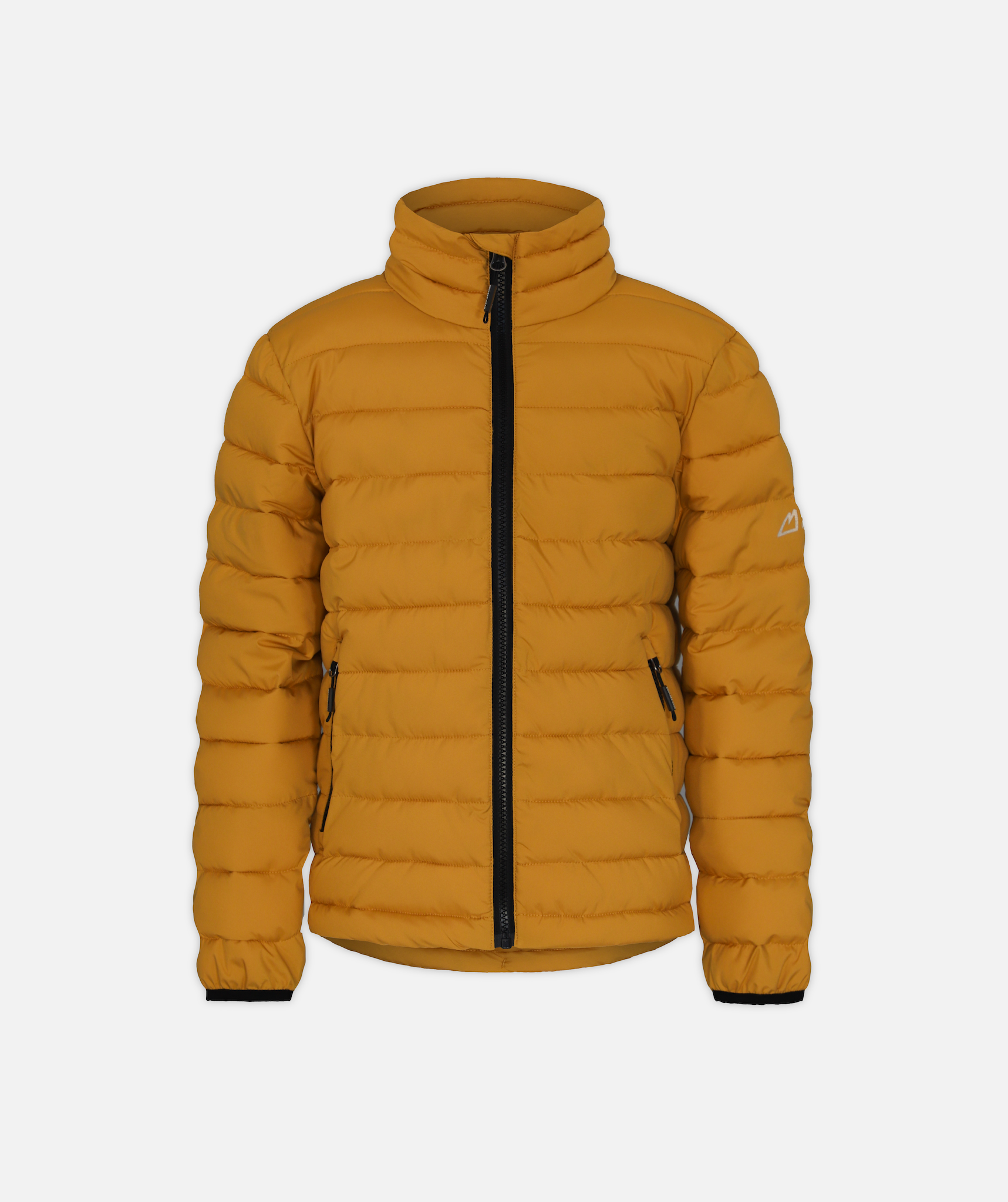 yellow puffer jacket with black accents on a white background