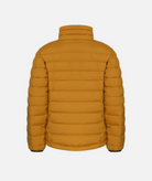 back of yellow puffer jacket on a white background
