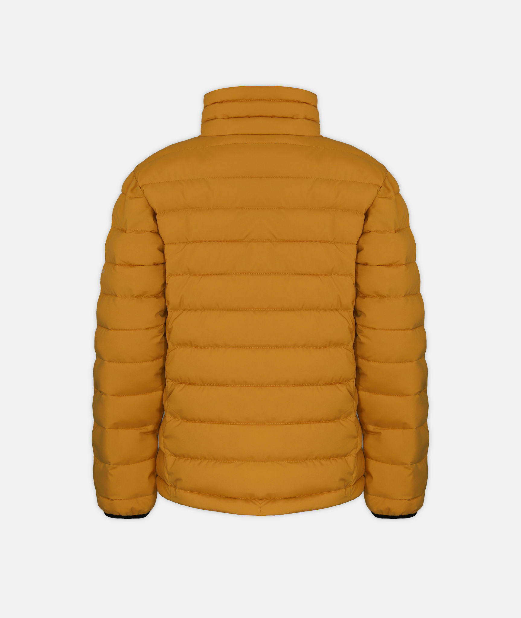 back of yellow puffer jacket on a white background