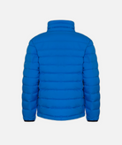 back of blue puffer jacket on a white background
