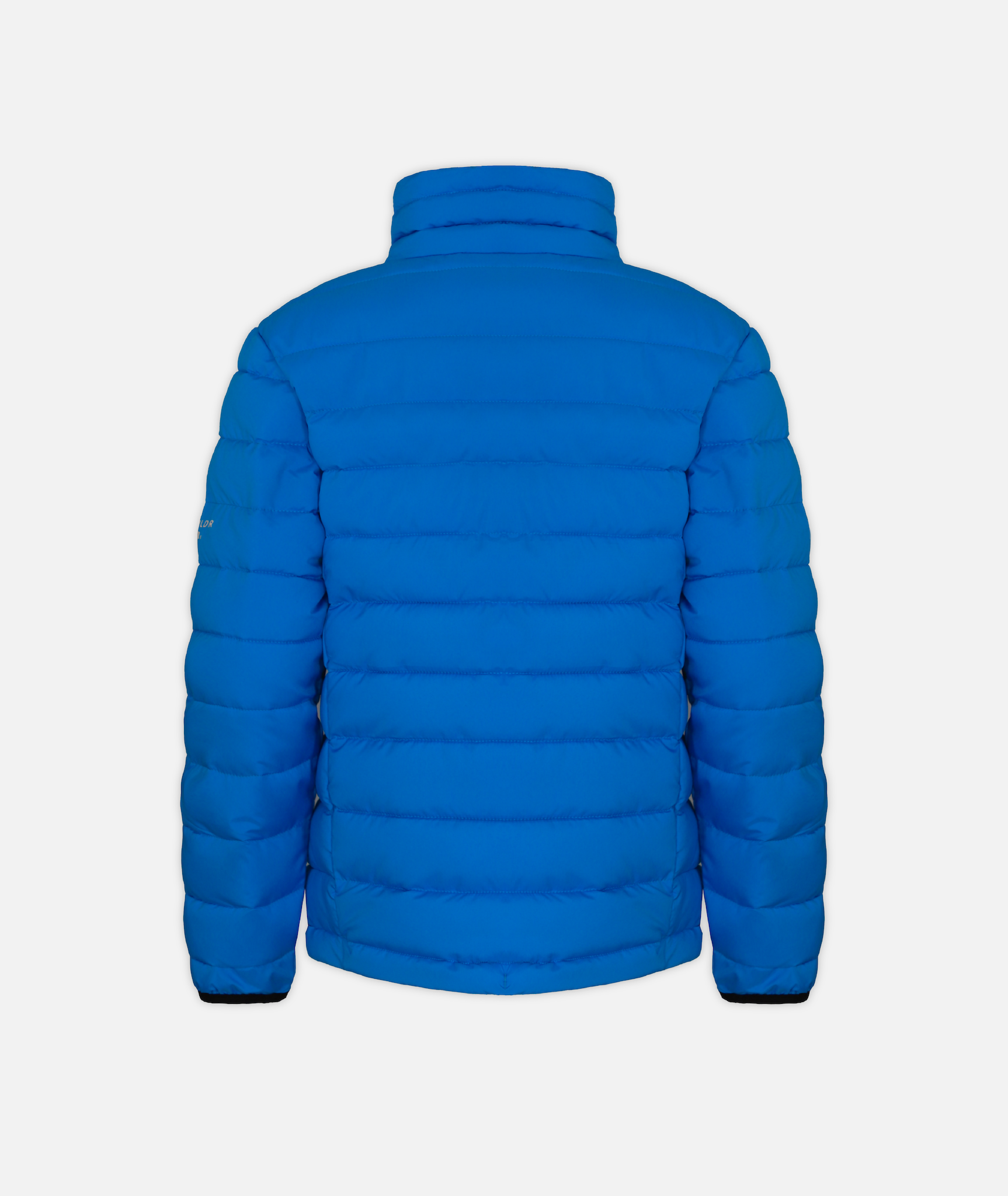 back of blue puffer jacket on a white background