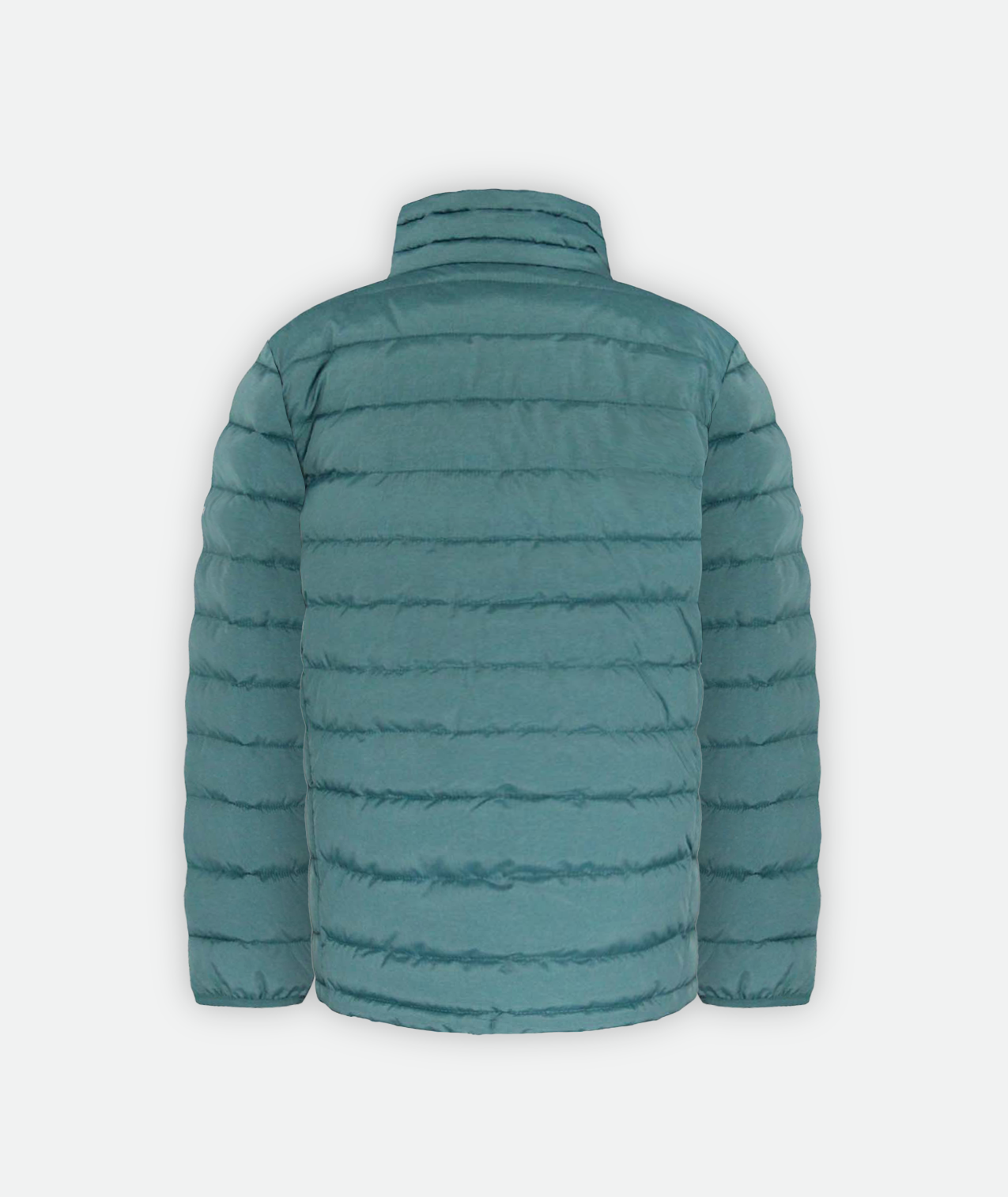 back of a youth teal puffy jacket with a zipper and hand pockets on a white background