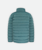 back of a youth teal puffy jacket with a zipper and hand pockets on a white background